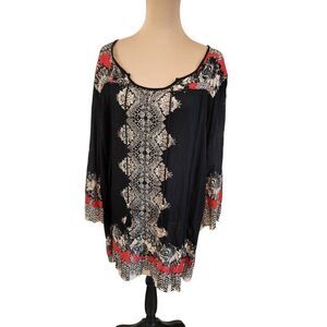90's Black Rayon Hippy Tunic Shirt Dress Beads & Tassels in a Large